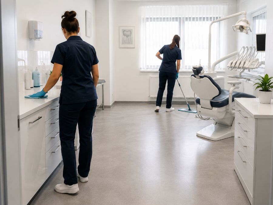 Zwei Reinigungskräfte reinigen einen Behandlungsraum – Arbeitsflächen abwischen und Boden wischen.