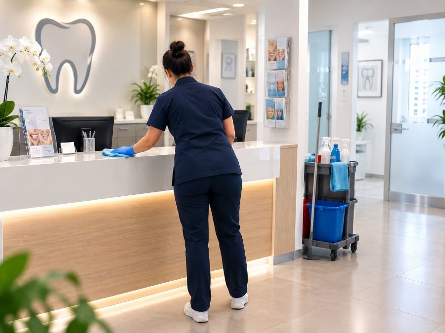 Reinigungskraft reinigt einen Praxistresen, daneben ein Reinigungswagen mit Wischmopp und Mitteln.