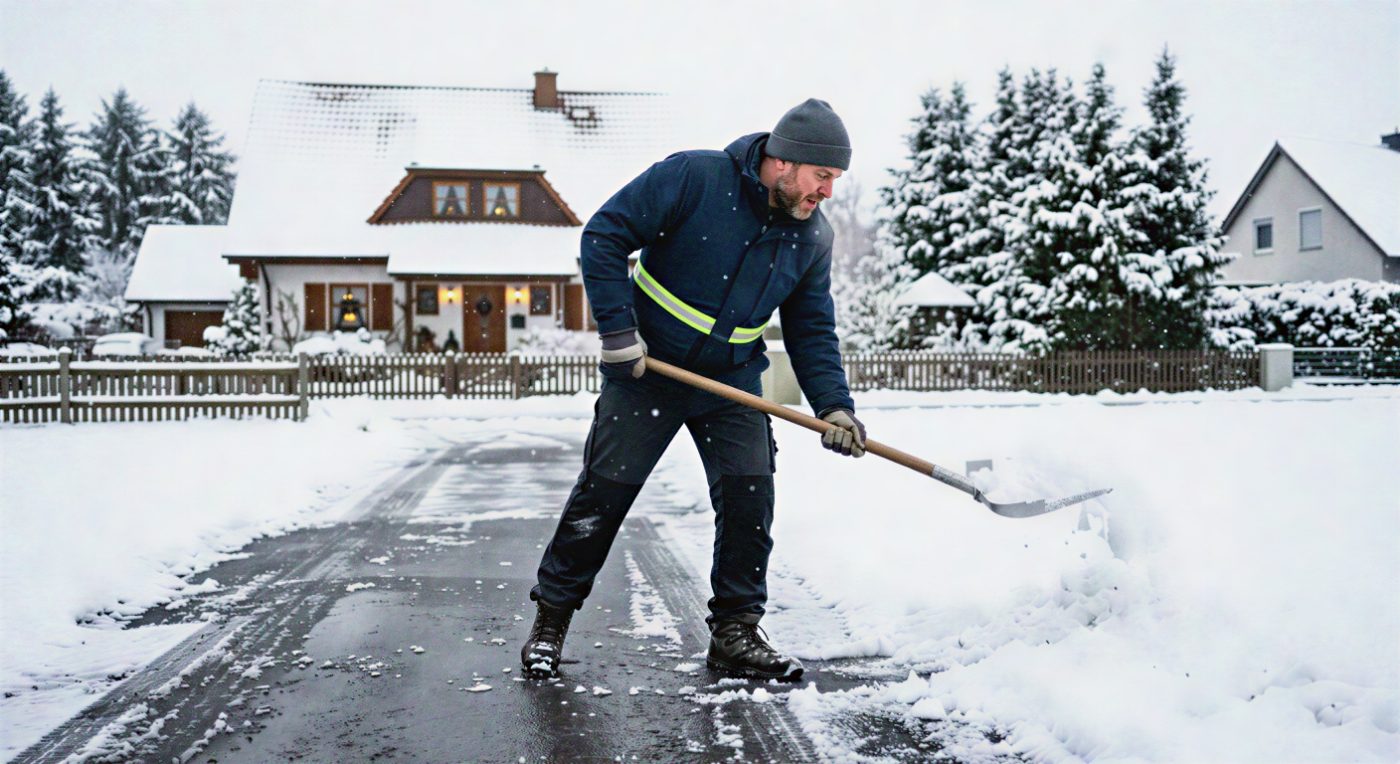 Eine Person räumt mit einer Schneeschaufel eine verschneite Hofeinfahrt vor einem Wohnhaus frei.